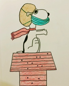 Snoopy as the Red Baron with a face mask on. 